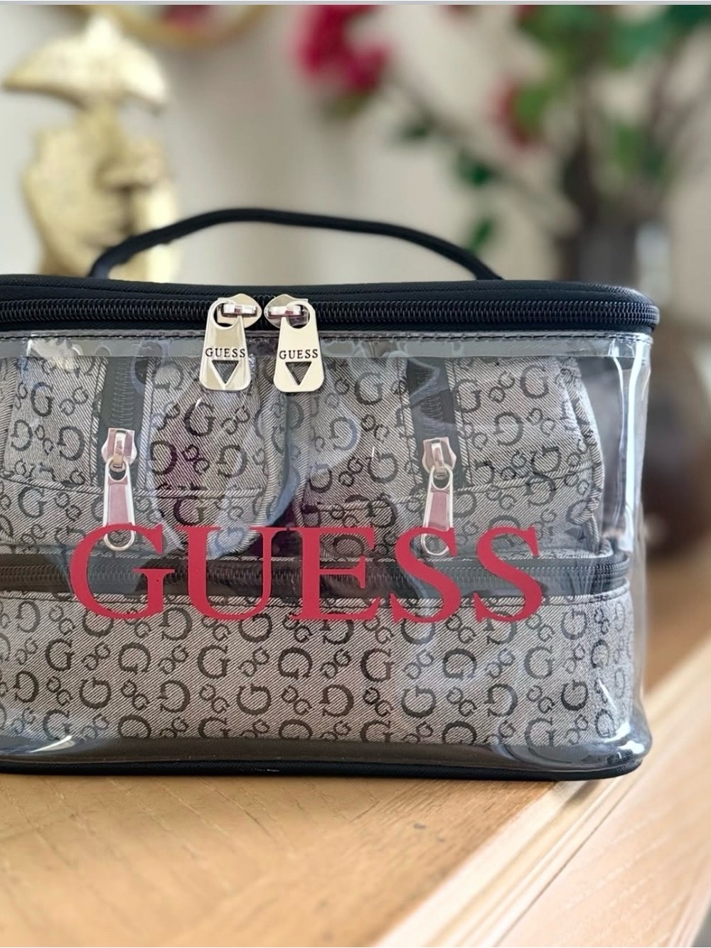 Guess Clear Cosmetic Train Case with Red Logo and Gray Monogram Pouches